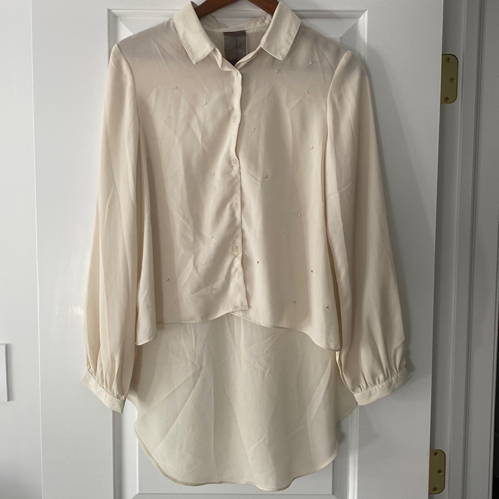 High Low Crystal Button Up
